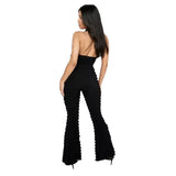 Popcorn Cloth Two Piece Set Women Sexy Cross Halter Backless Vest Crop Top Slim High Waist Flare Pants Fashion