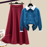 Knitted Two Piece Set Womens Outfits Korean Casual Turn Down Collar Long Sleeve Embroidery Knitted Sweater+skirts