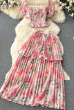 Women Floral Chiffon Two Piece Set Sexy Square Collar Short Puff Sleeve Tops + Ruffle Pleated Midi Skirt Beach 2Pcs