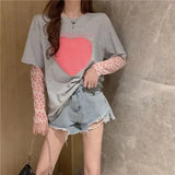 Leopard Mesh Sleeve Patchwork Women T-shirt Fake 2 Pieces Women T Shirt Heart Print Short Sleeve Ladies Tshirts