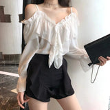Sexy Off Shoulder Blouses Women Ruffles Solid Slash Neck Chiffon Shirts Office Lady Korean Flare Long Sleeve Casual