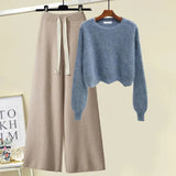 Winter Knitted Two Piece Set Women Casual Pullover Long Sleeve Knitting Sweater And Wide Leg Pants Sets For Women