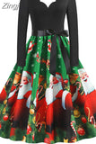 Women Christmas Dress Long Sleeve Vintage Elegant V Neck Print Big Swing Party Xmas New Year Winter Clothes S~3XL