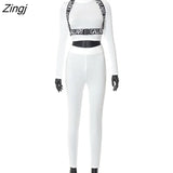 Summer White Bodycon 2 Two Piece Sets Tracksuit Women Outfits 2022 Straps Long Sleeve Crop Top And Long Pants Sets