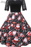 Christmas Dress Women 2023 New Short Sleeve Print High Waist Elegant Vintage Winter Xmas Party Sundress 3XL