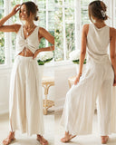 Queens Women Solid Two Piece Outfits Sleeveless Tops Bohemian High Waist Drawstring Long Wide Leg Pants Boho
