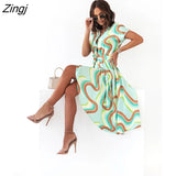 Print Dresses Women Summer Dress YEMOGGY 2022 New Casual V-neck Single Breasted Lace-up Short Flying Sleeve Midi