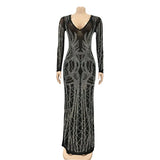 Sexy Black Crystal Mesh Maxi Dress Women Fashion Long Sleeve See Through Bodycon Party Clubwear Long Dress