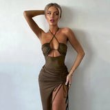 Women's Clothing 2025 Spring New Hanging Neck Dress Sexy Bare Back Open Fork Rope Repair Dress Dress