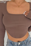 Autumn Fashion Casual T-shirts Irregular Hem Long Sleeve Square Collar Crop Top Women Solid Ribbed Pullovers