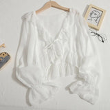 Ruffles Chiffon Sun Protection Shirt Women Solid Lace Up Flare Sleeve Sunscreen Blouses Cardigan Loose Casual Thin