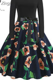 Print Vintage Women New Spring Elegant Party Long Sleeve Casual Black Patchwork Midi
