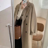 Women Double Breasted Loose Woolen Coat Lapel Collar Long Sleeves Solid Women's Casual Oversize Autumn Winter