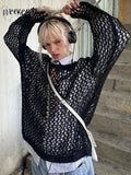 y2k Crochet Sweater Hollow Out Loose Smock Grunge Fishnet Distressed Pullovers Oversized Knit Jumper Harajuku