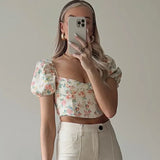 Sweet Square Collar Floral Print High Waist Belly Button Exposed Summer Blouse Women 2022 Casual Short Sleeve Slim Crop