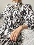 Summer Office Lady Print Pleated Dresses Female Bandge Elegant Chiffon Vestidos Women Fashion