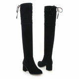 Warm Women Thigh Boots Flock Leather Squae High Heel Over the Knee Boots Slip On Ladies Boots Shoes Black Red Big Size