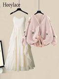 Women Spring Two Pieces Sets Korean Long Sleeve Knitted Sweater Cardigan And Ruffles Patchwork Mesh Long Dress