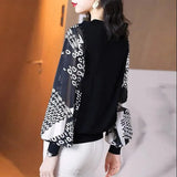 Autumn Casual Fashion Patchwork Print Oversized T-shirt Top Women Round Neck Long Sleeve All-match Chiffon Pullover