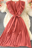 Women Green/Red/Beige Pleated Midi Dress Vintage V-Neck Draped Party Robe Female Elegant Casual Vestidos New Fashion