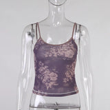 Vintage 2000s Floral Pattern Purple Crop Tops Y2K Aesthetics Summer Spaghetti Straped Backless Mesh Cami Cute