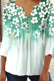 Floral Print Summer Blouse Women Elegant Simple Shirt V Neck Button 3/4 Length Sleeve Casual Holiday Basic Tops