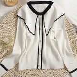 Fashion Women Sweaters Sweet Patchwork Ruffled Knitted Sweater Vintage Peter Pan Collar Pull Femme Winter Pullovers