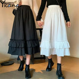 High Waist Pleated Skirt Women Loose Casual Teens School Girls Frill Ruffles Patchwork Long Midi Black White Goth