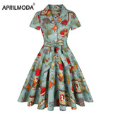 Cotton Retro Vintage Women Dress 50s 60s Short Sleeve Red Floral Print Rockabilly Jurken Large Swing Vestidos Robe