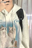 Oversize Cat Print Hooded Women Winter Fleece Sudadera Long Sleeve Sweatshirt American Vintage Pullovers Hoodies Tops