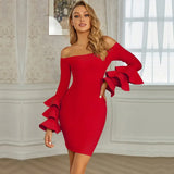 New Summer Women Long Sleeve Bandage Mini Dress Sexy Slash Neck Off Shoulder Celebrity Bodycon Party Club Dress