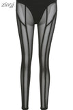 Sexy See Through Mesh Leggings Women Trend Striped Patchwork Briefs Waistband Fitness Pencil Trousers Female