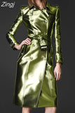 Spring Autumn Long Shiny Reflective Patent Leather Trench Coat for Women Belt Double Breasted Cool European Fashion