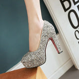 New Style Sexy Sequined Platform Shoes Female Square High Heels Pumps Slip On Party Wedding Shoes
