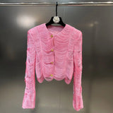 Autumn Winter New Collection Long Sleeve O Neck Mesh Tassel Pink Jacket Women Slim Coat Short Skirt Two Piece Set