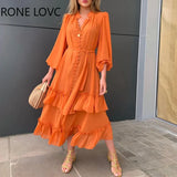 Women Ruffles Frill Hem Lantern Sleeve Button Front Dress Casual Dress Summer