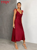 Women Feather Strap White Dress Summer Sexy V-neck Sleeveless Backless Midi Dress Ladies Bodycon Silky Solid Party
