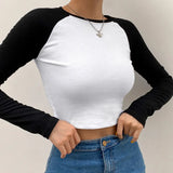 Casual Patchwork Long Sleeve Autumn T-shirt Women Ribbed Bodycon Crop Tops Crew Neck Cotton Pullovers Tee Shirt