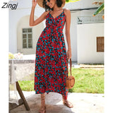 Floral Print Sexy Dress for Women Summer Dresses 2022 New Street V-Neck Backless Elasticated High Waist Midi Slip