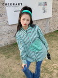 Heart Green Striped Long Sleeve Shirt For Women Spring 2022 Oversized Button Up Shirt Designer Top Korean