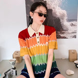 Rainbow Knitted Short Two Piece Sets Womens Outifits Summer 2022 High Fashion Top And Short Matching Set