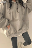 Fleece Autumn Solid Sudaderas Casual Sweatshirts American Pullovers Women High Street Long Sleeve Hooded Half