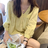 Vintage Sweet Lace Shirts Women Korean Cute V Neck Long Sleeve Loose Blouses Summer Streetwear Boho Beach Casual Tops