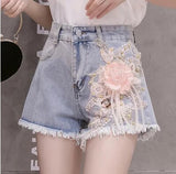 Styles Embroidery Ripped Denim Shorts 3D Floral High Waist Jeans Short Femme 2023 New Frayed Hole Shorts Women Summer