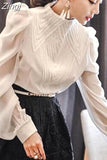 Autumn Korean Style Chiffon Shirt Chic Elegant Multi-layer Pleated Stand Collar Blouse Women Puff Sleeve Sunscreen Top