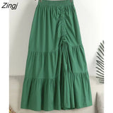 Long Pleated Skirt Women 2023 Spring Summer Korean Fashion Green White Black A Line High Waist Midi Skirt
