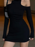Fashion Chic Open Shoulder Bodycon Black Dresses for Women Solid Autumn Dress Mini Cut Out Basic Korean Elegant