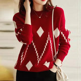 Winter O Neck Diamond Patchwork Loose Casual Sweater Ladies All-match Pullover Top Women Elegant Fashion Simple