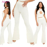 Popcorn Cloth Two Piece Set Women Sexy Cross Halter Backless Vest Crop Top Slim High Waist Flare Pants Fashion