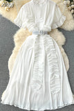 Women Irregular Pleated Party Long Dress Elegant Vacation Beach Draped Ruffle Vestidos Female Short Sleeve Maxi Robe